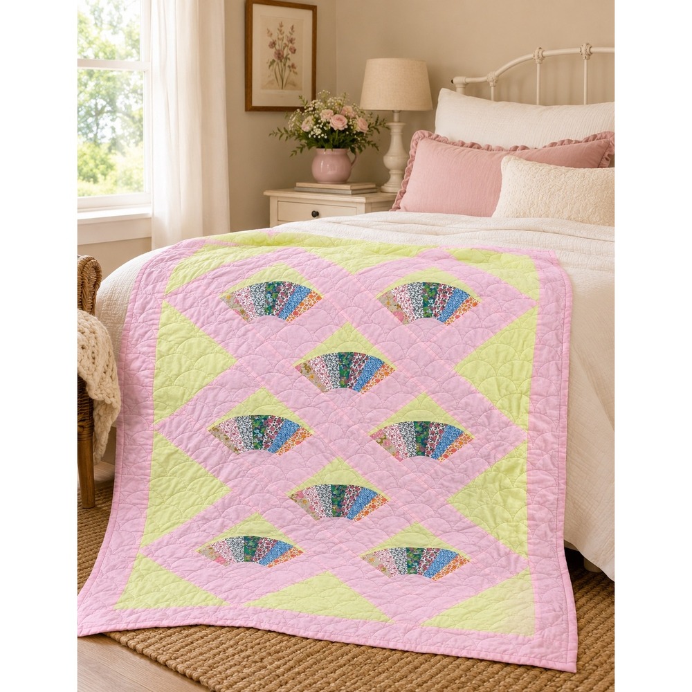 Handmade Fan Block Quilt Pastel‎ Cottagecore Patchwork Throw 42x54